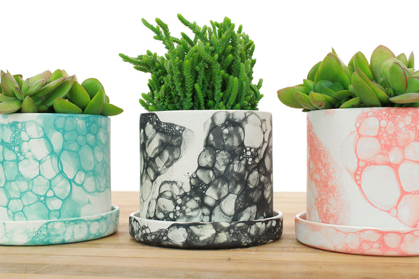 4 inch Bubble Glaze Cylinder Planter with Saucer