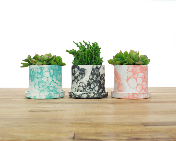 4 inch Bubble Glaze Cylinder Planter with Saucer