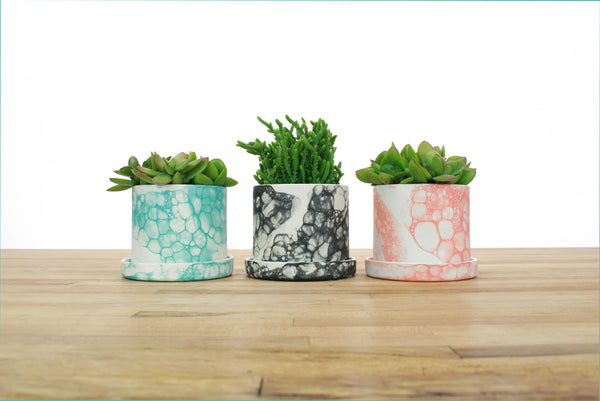 4 inch Bubble Glaze Cylinder Planter with Saucer