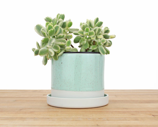 4 inch Cylinder Planter with Saucer - Speckled Glaze
