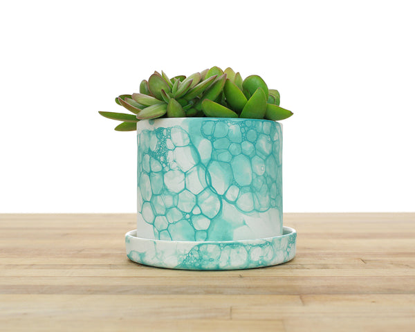 4 inch Bubble Glaze Cylinder Planter with Saucer