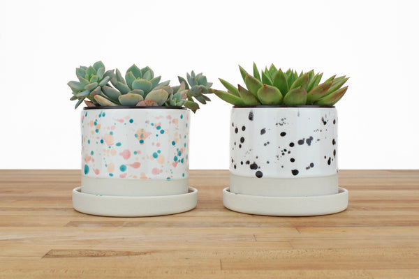 4 inch Spotted Glaze Cylinder Planter with Saucer