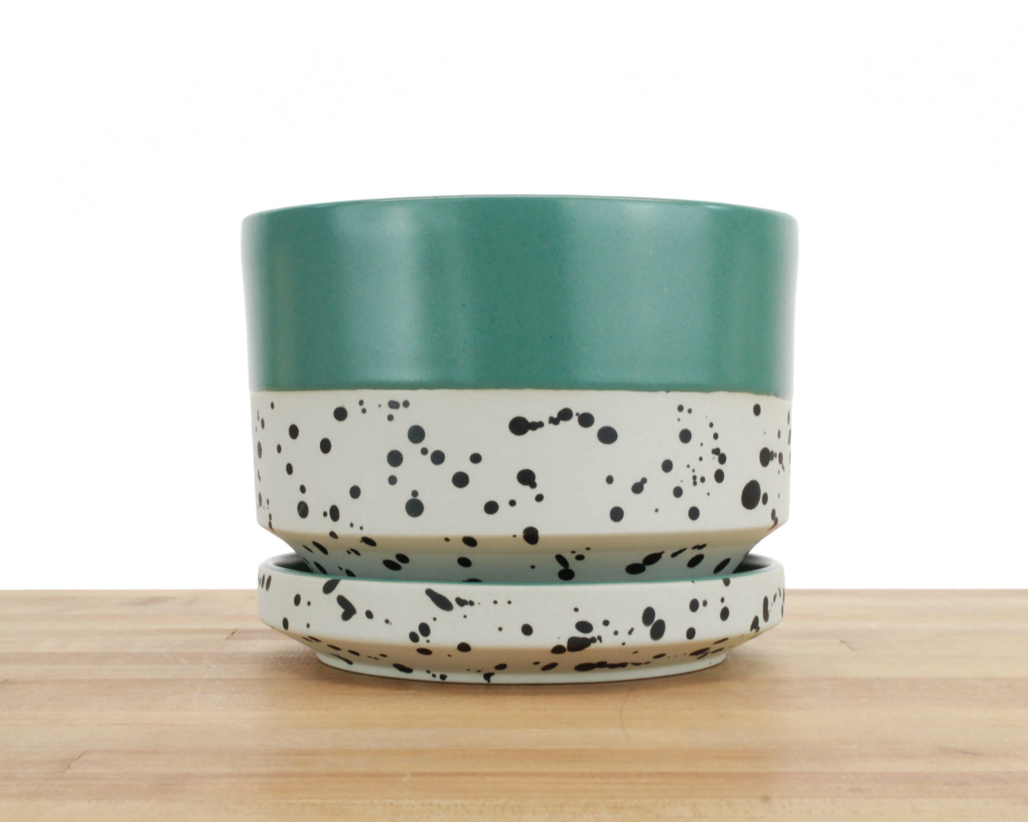 6 inch Cylinder Planter - Dipped and Dotted Forest Green over Cream
