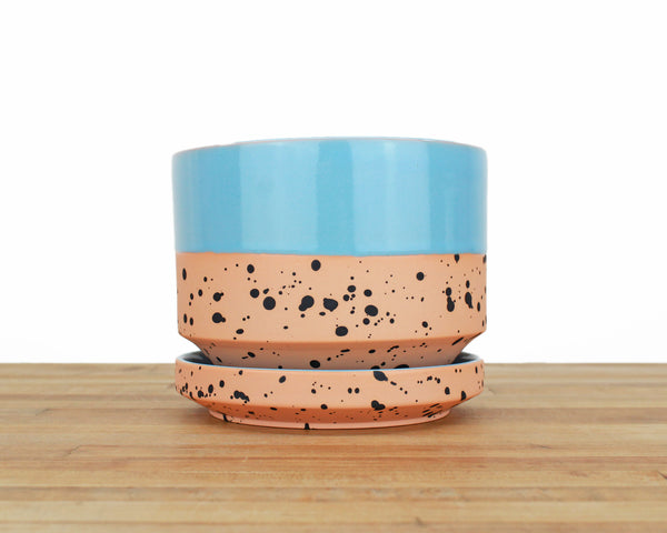 6 inch Cylinder Planter - Dipped and Dotted Blue over Orange